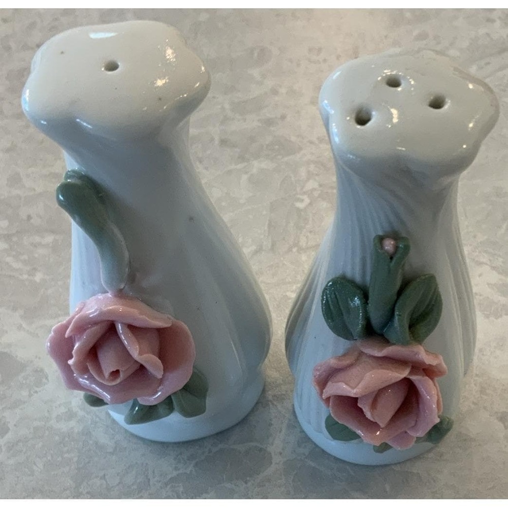 White Salt and Pepper Shakers Raised Pink Rose Rosebud w/Green Leaves Porcelain